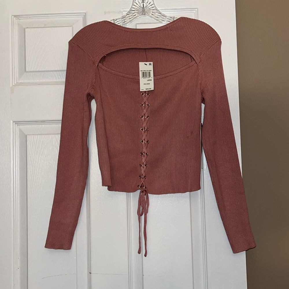 CRAVE FAME JUNIORS SIZE LARGE OLD ROSE LACE UP NECK CUT OUT TOP